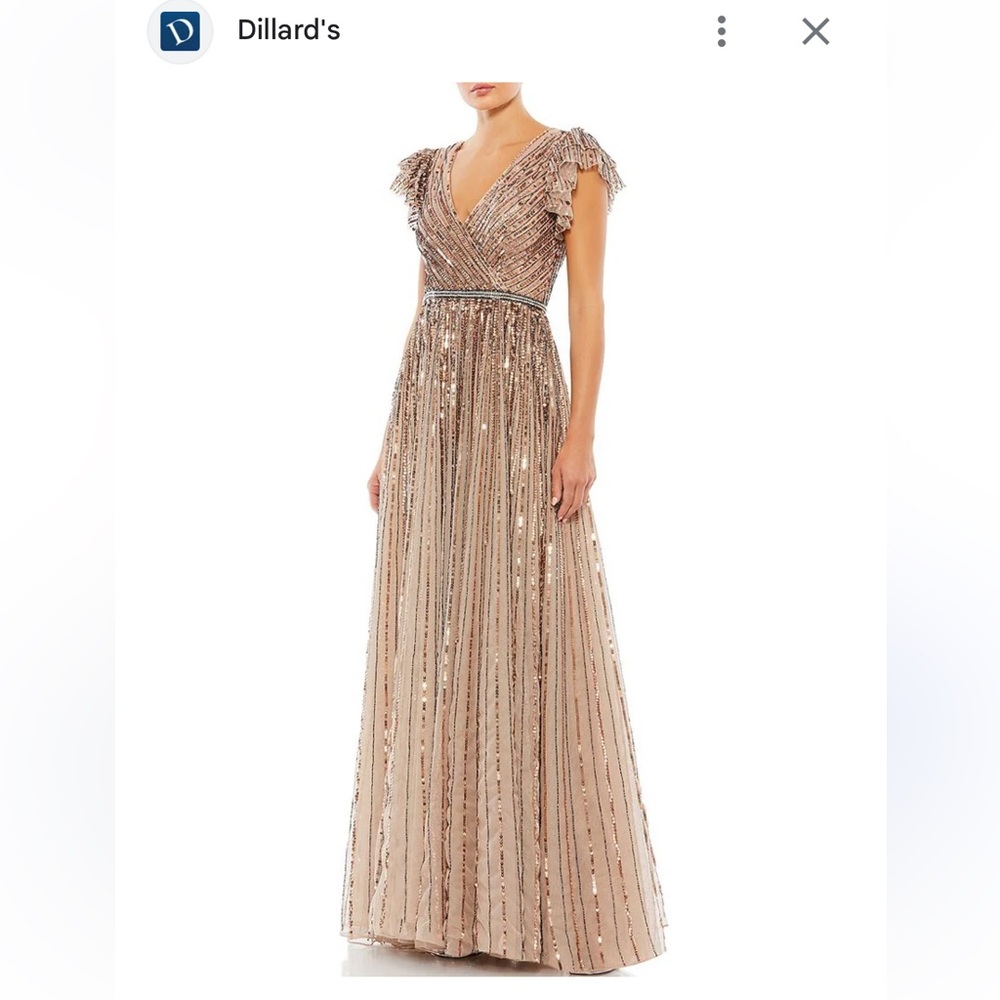 Mac Duggal 5502 Sequin Wrap Over Surplice V-Neck Ruffle Cap Sleeve Gown